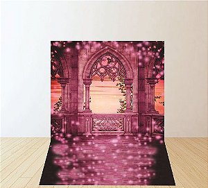 Fundo fotográfico em tecido janela castelo rosa