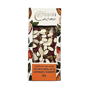 Tablete de Chocolate 44% Cacau c/ Coco, Cereja, Castanhas e Sementes - 80g