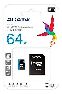 Cartão de Memória SD ADATA CLASS 10 UHSI 64GB micro + adaptador