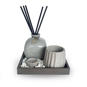 Kit Difusor aromatico + Porta velas + Porta incenso + Bandeja de Madeira  Cinza - Vida Pratika