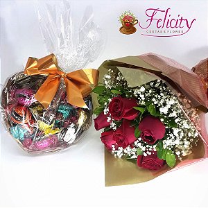 Buquê 6 Rosas e Coração de Trufas Cacau Show