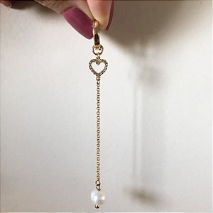 Charm Corrente Coração Cravejado & Pérola Folheado Ouro Amarelo 18k