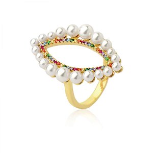 Anel Losango Pérola Rainbow Folheado Ouro Amarelo 18k