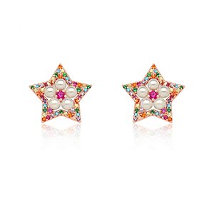 Brinco Estrela Pérola Rainbow Folheado Ouro Rosé 18k