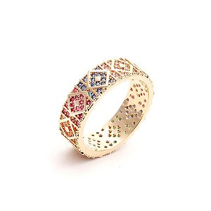 Anel Mosaico Nano Rainbow Folheado Ouro Amarelo 18K