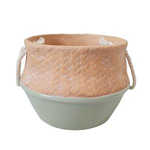 Mini Vaso Decorativo Cerâmica Bege e Verde e Corda nos Lados