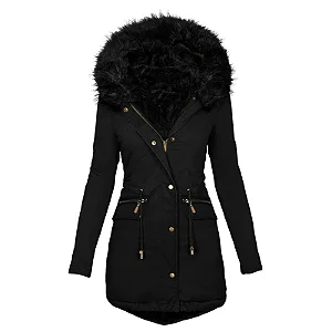 Parka casaco de Inverno feminino gola de pele comprimento médio