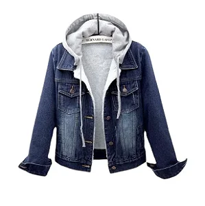 ? Jaqueta Jeans Feminina Forrada com Lã de Carneiro e Capuz — Estilo Quente para o Inverno