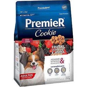 Biscoito Premier Cookie para Cães Adultos Pequeno Porte Sabor Frutas Vermelha e Aveia 250g 