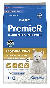 Ração Premier Ambientes Internos para Cães Filhotes Raças Pequenas Mini Bits Sabor Frango e Salmão