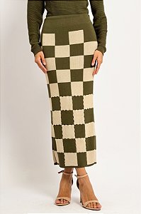 Saia Midi Tricot Quadriculado Bicolor