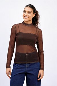Blusa Tule Manga Longa Gola Fechada