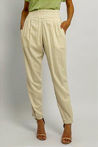 Calça Cenoura Cós Elástico Barra Botão