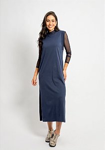 Vestido Longuete Sem Manga Detalhes em Ribana