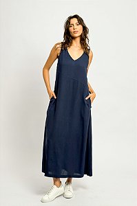 Vestido Midi Viscolinho Decote V Detalhe Costura