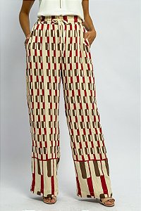 Calça Pantalona Estampa Geométrica Amarração Cintura