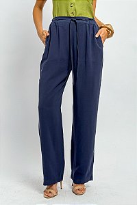 Calça Reta Cós Elástico Amarração Bolsos