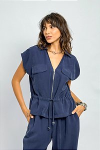 Colete Decote V Zíper Franzido Cintura