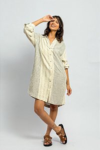 Chemise Viscolinho Listras Manga Levemente Bufante