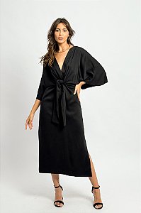 Vestido Midi Viscose Manga Ampla Nó Frontal