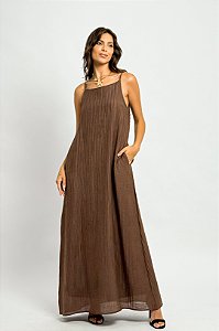 Vestido Longo Plissado Alcinha Cava Americana