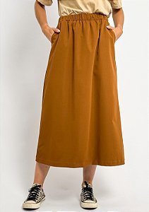 Saia Midi Cós Elástico Bolsos Faca Fenda