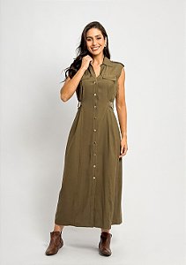 Vestido Longo Utilitário Detalhes Fivela Cintura