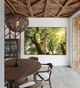 Duo de Quadros Árvores e Céu de Floresta Folhas Sol Canvas Com Moldura