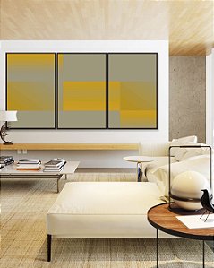 Trio de Quadros Abstrato Geométrico Degradê Amarelo Mostarda Cinza Canvas Com Moldura