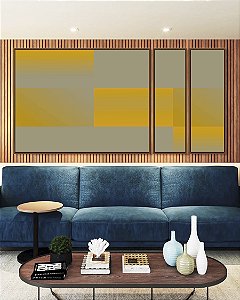 Trio Estilizado de Quadros Abstrato Geométrico Degradê Amarelo Mostarda Cinza Canvas Com Moldura