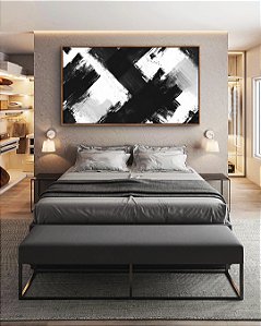 Quadro Horizontal Abstrato Preto e Branco Arte Efeito Pintura Canvas Com Moldura