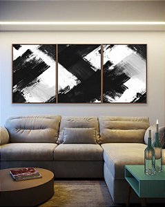 Trio de Quadros Abstrato Preto e Branco Arte Efeito Pintura Canvas Com Moldura