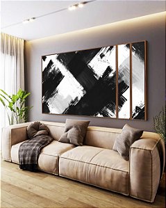 Trio Estilizado de Quadros Abstrato Preto e Branco Arte Efeito Pintura Canvas Com Moldura