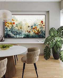 Quadro de Floresta em Outono Colorida Folhas e Flores Árvores Abstrata em Canvas Moldura