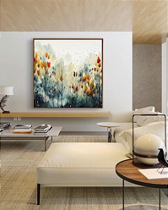 Quadro Quadrado Floresta em Outono Colorida Folhas e Flores Árvores Abstrata em Canvas Moldura