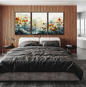 Trio de Quadros de Floresta em Outono Colorida Folhas e Flores Árvores Abstrata em Canvas Moldura