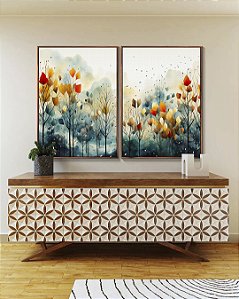 Duo de Quadros de Floresta em Outono Colorida Folhas e Flores Árvores Abstrata em Canvas Moldura