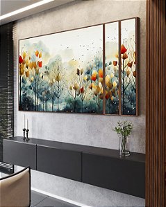 Trio de Quadros Estilizados de Floresta em Outono Colorida Folhas Árvores Abstrata em Canvas Moldura