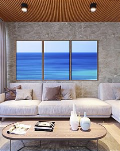 Trio de Quadros Mar Calmo em Tons de Azul Canvas Com Moldura