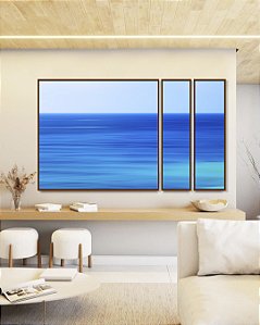Trio Estilizado de Quadros Mar Calmo em Tons de Azul Canvas Com Moldura