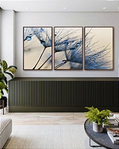 Trio de Quadros Dente de Leão Flor Planta Natureza em Tons de Azul Canvas Com Moldura
