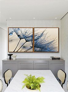 Duo de Quadros Quadrados Dente de Leão Flor Planta Natureza em Tons de Azul Canvas Com Moldura