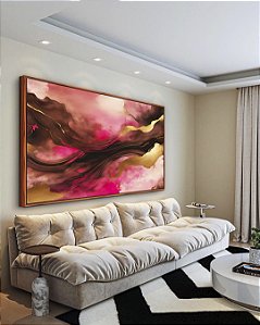 Quadro Horizontal Abstrato Cores Dourado Rosa Marrom Moderno Canvas Com Moldura