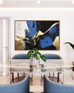 Quadro Horizontal Abstrato Cores Azul Dourado Preto e Branco Arte Canvas com Moldura