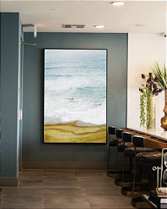 Quadro Vertical Mar Azul e Ondas na Praia Natureza Canvas com Moldura