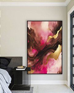 Quadro Vertical Abstrato Cores Dourado Rosa Marrom Moderno Canvas Com Moldura