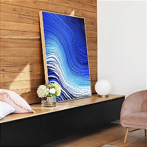 Quadro Vertical Abstrato Azul Branco Ondas Listras Moderno Canvas Com Moldura