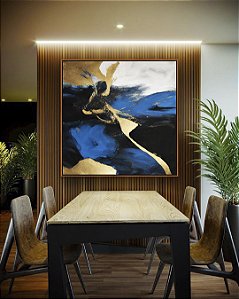 Quadro Quadrado Abstrato Cores Azul Dourado Preto e Branco Arte Canvas com Moldura