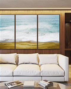 Trio de Quadros Mar Azul e Ondas na Praia Natureza Canvas com Moldura