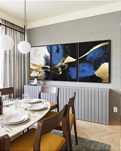 Trio de Quadros Abstrato Cores Azul Dourado Preto e Branco Arte Canvas com Moldura